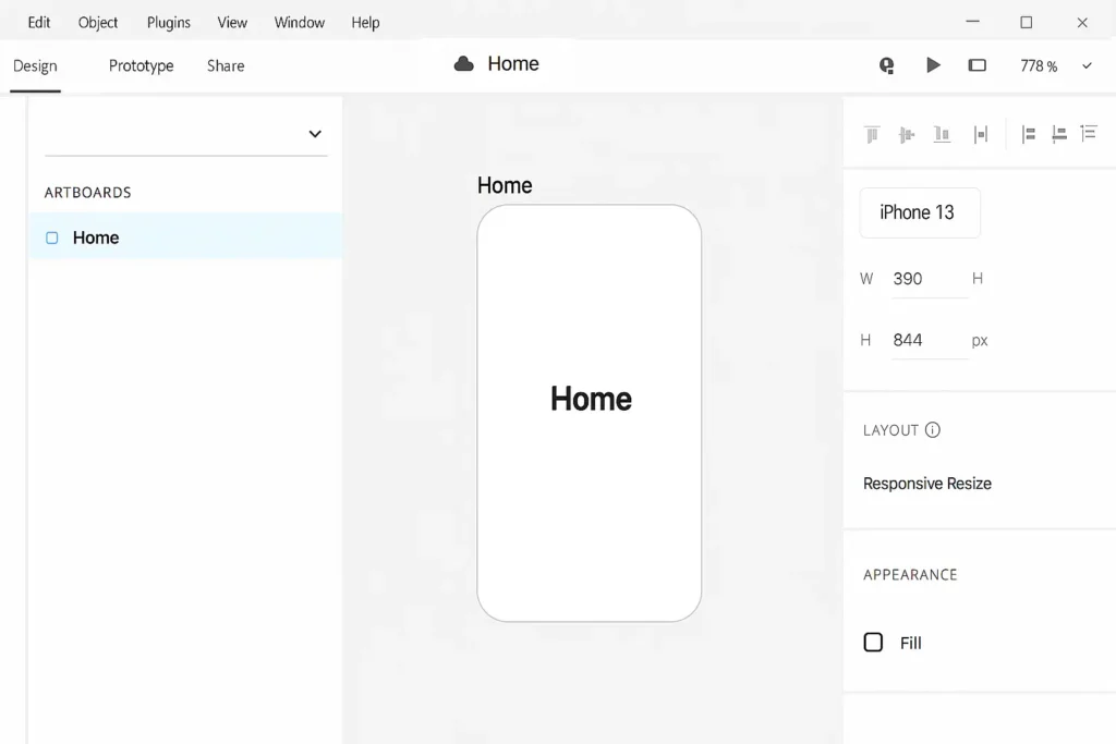 Adobe XD home artboard
